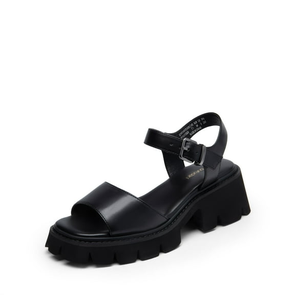 BURUDANI Women's Low Platform Chunky Block Ankle Strap Heel Sandals Open Toe BLACK-PU Size 8.5