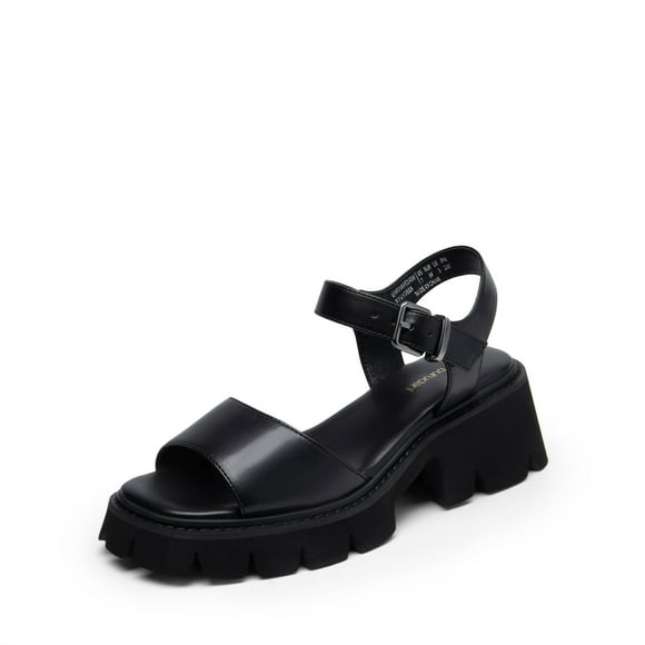 BURUDANI Women's Low Platform Chunky Block Ankle Strap Heel Sandals Open Toe BLACK-PU Size 11