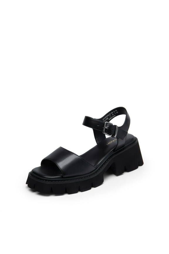 Women's Low Platform Chunky Block Ankle Strap Heel Sandals Open Toe BLACK-PU Size 7.5