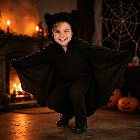 Generic Kids Teen Black Bat Hooded Cape Cloak 𝐎nesie Halloween Soft Comfy Jumpsuit