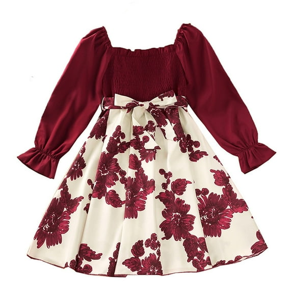 Generic Kids Toddler Child Girls Long Ruffled Sleeve Patchwork Floral Print Princess Dress Autumn Winter Clothes for Catwalk Performance Holiday Party Wedding Christmas(10-12 Years Red)