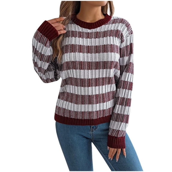 Generic Knit Sweaters for Women Fall Winter Trendy Striped Long Sleeve Pullover Sweater Oversized Crewneck Casual Warm Tops
