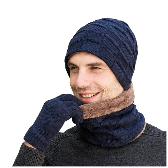 Generic Knitted Hat Knitted 3PCS Scarf Hat Gloves Winter Men's Windproof Winter Warm Fleece Hat Men's Mens Thermal Womens Hat Men's Winter Knitted Windproof Hat Scarf Gloves Set