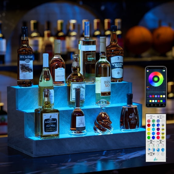 Generic LED Lighted Liquor Bottle Display Shelf, 24 Inch Bar Display Shelf, DIY Illuminated Bottle Shelf with App & Remote Control, 3 Step Freestanding Holding Bottles for Home Bar, Party, Grey