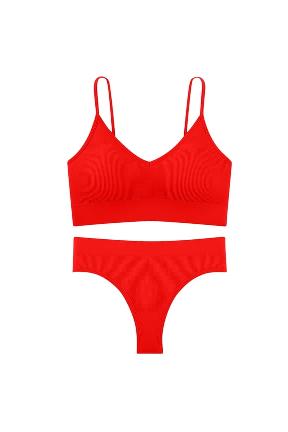 Ladies' Lingerie Set Wire Free Thin Padded Cup U Back Bra With Sexy T-back Thong Solid Color Sports Underwear