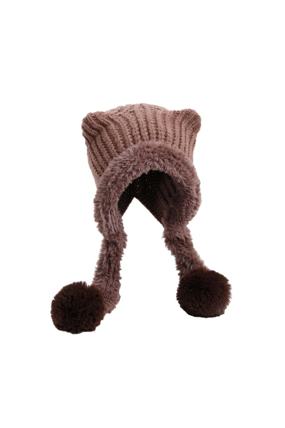 Women'S Cozy Faux Fur Hat With Earflaps Women's Autumn And Winter Cat Ear Double Tail Knitted Hat Windproof Warm Fashionable And Cute Woolen Hat Unisex Pom Knit Winter Hat