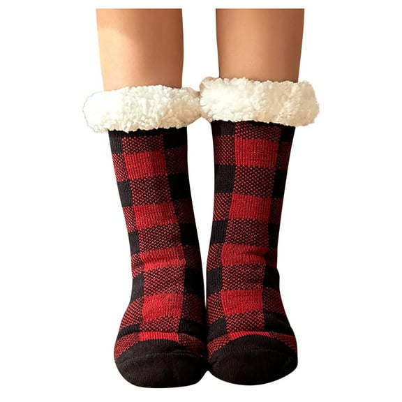 Generic Ladies' Winter Coral Sleepwear Socks Cozy Coral Sleep Socks For Women With Plush Lining Women's Plaid Floor Socks Thicken Warm Sleeping Socks Slippers Socks