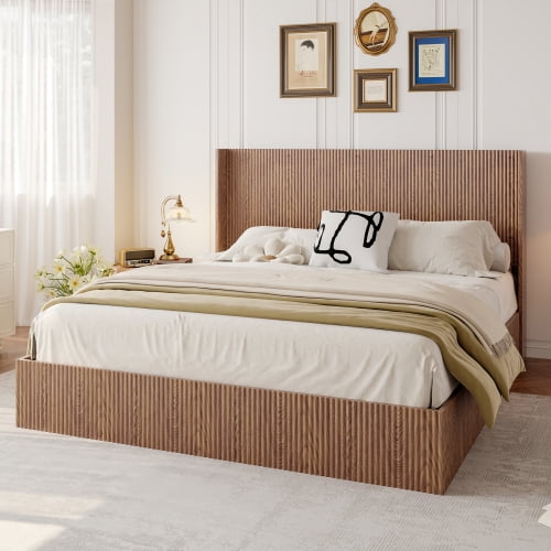 Generic Large grooved undulating lift storage bed frame, wooden platform bed frame with lift storage, no spring box required/no noise, rustic brown slatted natural wood