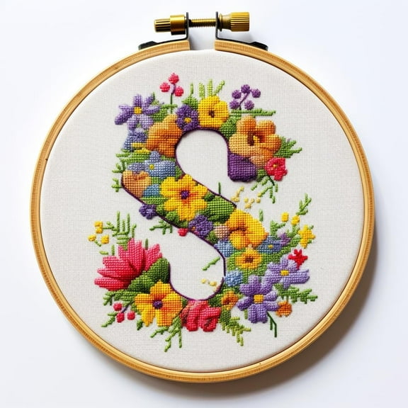 Generic Letter S in Flowers Stamped Cross Stitch Kits for Beginners Easy with Hoop 11CT Needlepoint Embroidery Counted Cross Stitch Kits Art Craft Wall Decoration 35x35cm(4)