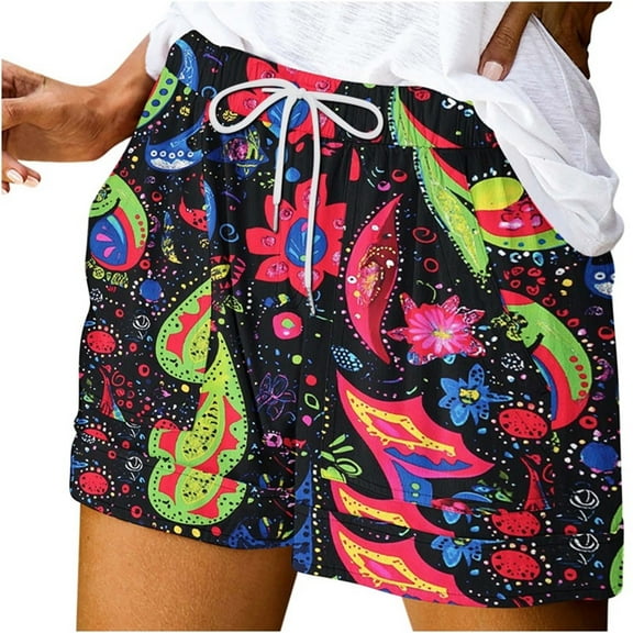 Generic Linen Shorts for Women Summer Casual Tropical Print Comfy Drawstring Short Elastic Waist Pocket Hawaiian Beach Shorts