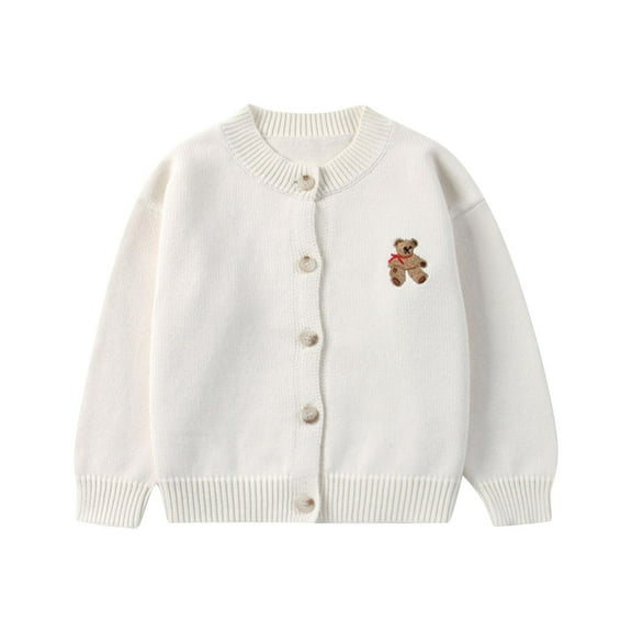 Generic Little Baby Girls Autumn Winter Knit Sweater Long Sleeve Bear Embroidery Button Up Cardigan Knitwear for 1-8 Years