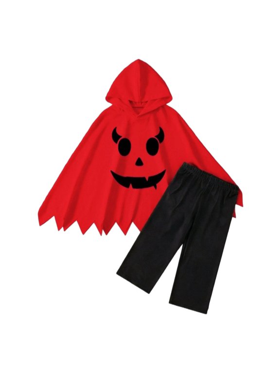 Little Boys Girls Pumpkin Outfit 2 Piece Hooded Ghost Cape Pants Poncho Set