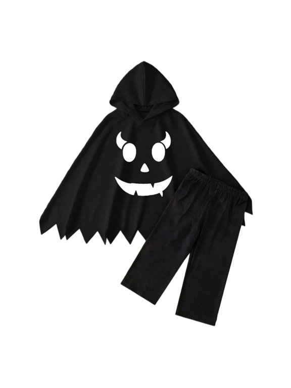 Little Boys Girls Pumpkin Outfit 2 Piece Hooded Ghost Cape Pants Poncho Set
