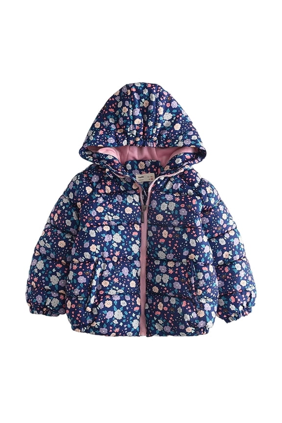 Little Girls Winter Coat Jacket Hooded Kids Toddler Flower Print Outwear Warm Cotton Puffer Hooded Jacket