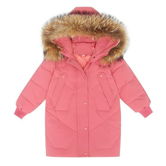Generic Little/big Kids Girls 2024 New Winter Thick Coat Hooded Furry Collar Solid Color Zipper Button Coat with Pockets for Holiday Winter Party Christmas(7-8 Years Red)