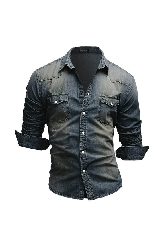 Long Sleeve Denim Shirt for Men Slim Fit Western Shirts Casual Snap Button Down Lapel Retro Jean Work Shirt
