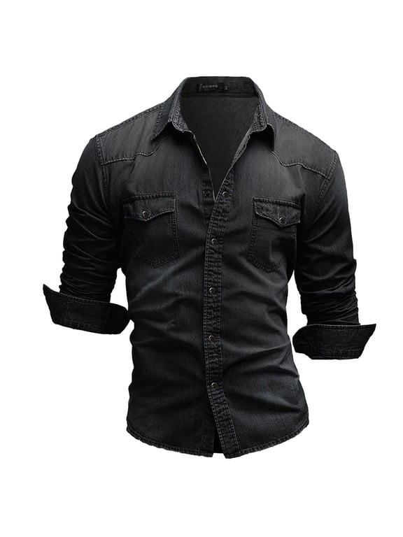 Long Sleeve Denim Shirt for Men Slim Fit Western Shirts Casual Snap Button Down Lapel Retro Jean Work Shirt