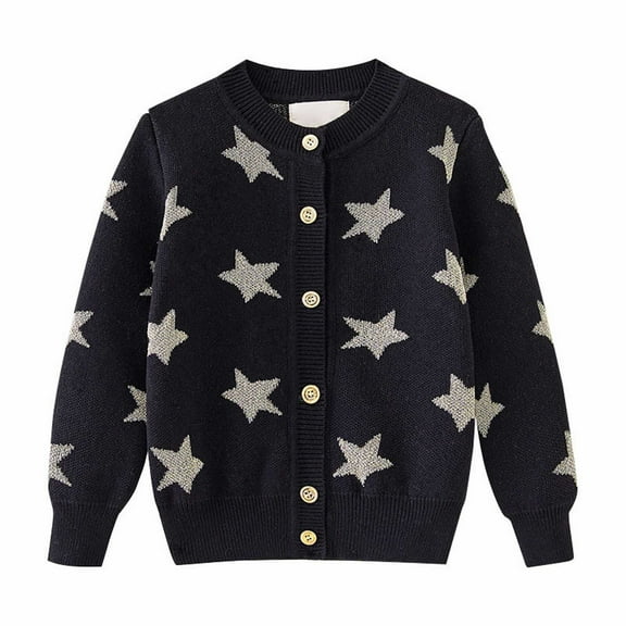 Generic Long Sleeve Sweater for Kids Toddler Girls Cardigan Sweater Autumn/Winter Geometric Printing Solid Color Knitted Jacket Party Birthday School(Black,5-6 Years)