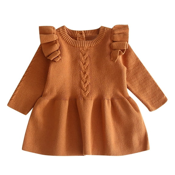 Generic Long Sleeve Sweater for Toddler Baby Kids Girls Solid Warm Sweater Dress Knit Crochet Dresses Clothes for Party Birthday School(Brown,2-3 Years)