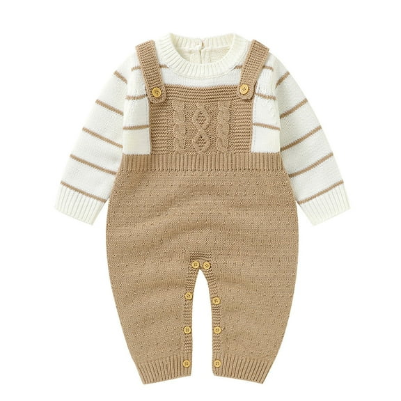 Generic Long Sleeve Sweater for Baby Baby Girls Boys Cotton Long Sleeve Striped Knitted Sweater Romper Jumpsuit Outfits Clothes(Brown,0-3 Months)