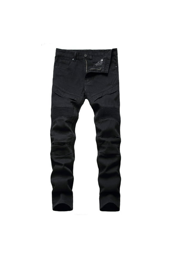 Man's Stylish Moto Biker Skinny Ripped Wrinkled Stretch Fit Denim Jeans
