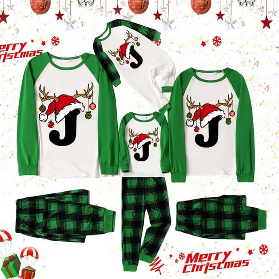Generic Matching Family Christmas Pajamas Funny 26 Alphabet Matching Set Xmas Holiday Outfits Cute Letter Printed Sleepwear Vintage Christmas Family Long Sleeve Pajamas