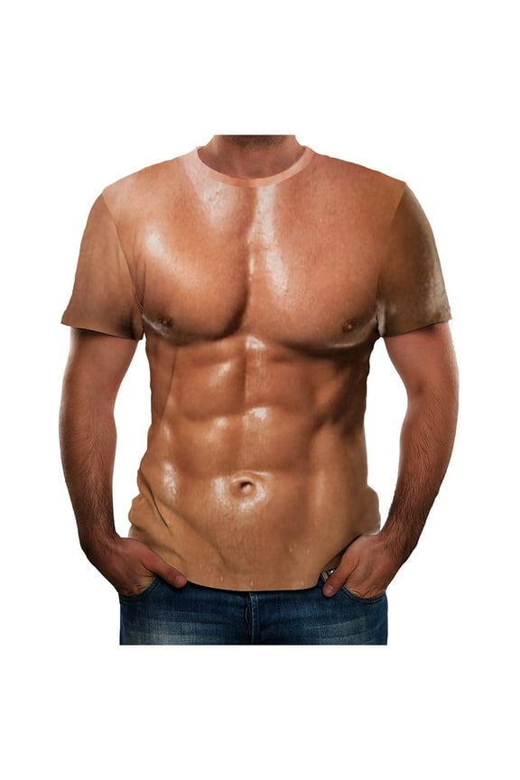 Men Fake Muscle T-shirts Short Sleeve Round Neck Tops Funny 3D Print Soft Tees Casual Trendy Fitness Comfy Blouses