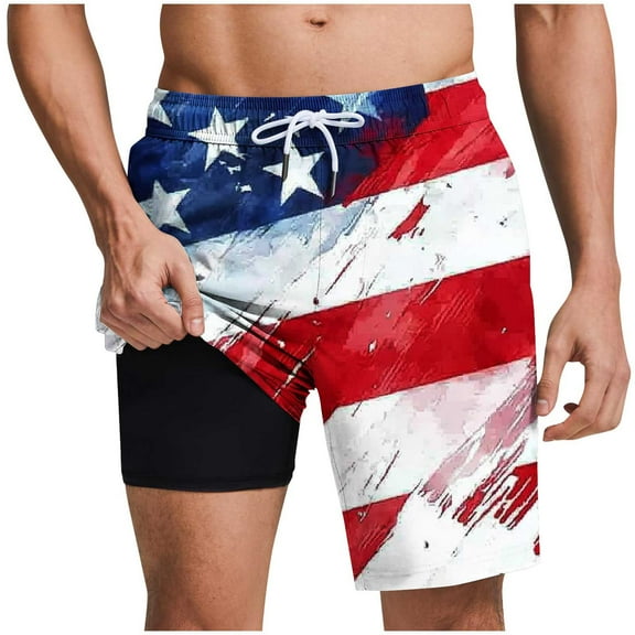 Generic Men's American Flag Swim Trunks 6" Inseam Board Short with Compression Liner (S-3XL)