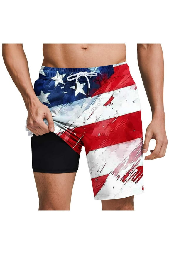 Men's American Flag Swim Trunks 6" Inseam Board Short with Compression Liner (S-3XL)