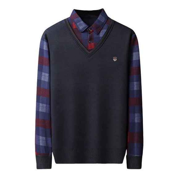 Generic Men's Autumn Winter Turn-Down Collar Sweater Fake Two-Piece Thick Warm Shirt Slim Fit Fleece Sweater