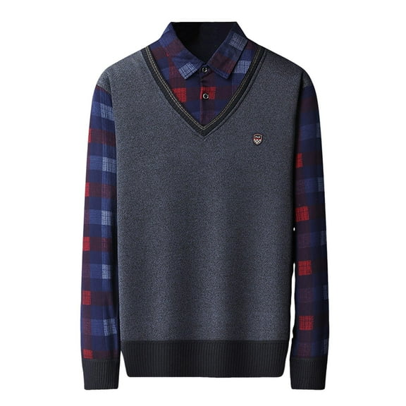 Generic Men's Autumn Winter Turn-Down Collar Sweater Fake Two-Piece Thick Warm Shirt Slim Fit Fleece Sweater