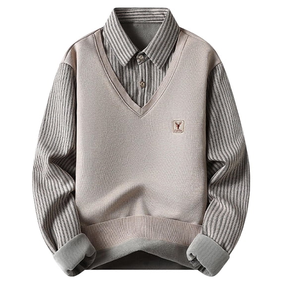 Generic Men's Autumn Winter Turn-Down Collar Sweater Fake Two-Piece Thick Warm Shirt Slim Fit Fleece Sweater
