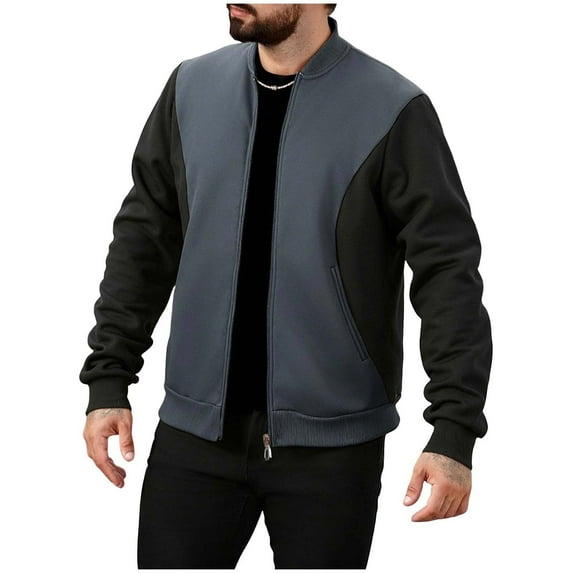 Generic Men's Baseball Jackets Color Block Zip Up Long Sleeve Stand Collar Sweatshirt Fashion Spring Fall Trendy Coat