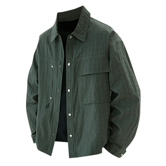 Men's Solid Color Lapel Shirt Loose Single Breasted Blouse Casual Long Sleeve Thin Jacket with Flap Pockets