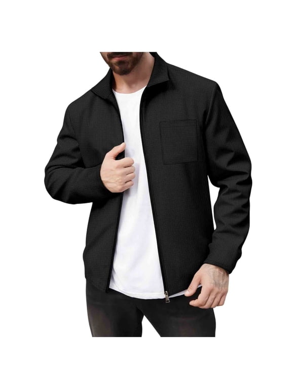 Men's Casual Jackets Lightweight Varsity Jacket Waffle Collared Zip Up Solid Long Sleeve Stylish Coat with Pocket