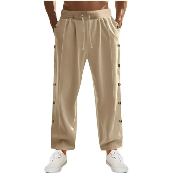 Generic Men's Casual Linen Pants Cotton Loose Fit Elastic Drawstring Waist Straight-Legs Button Side Yoga Vacation Pants