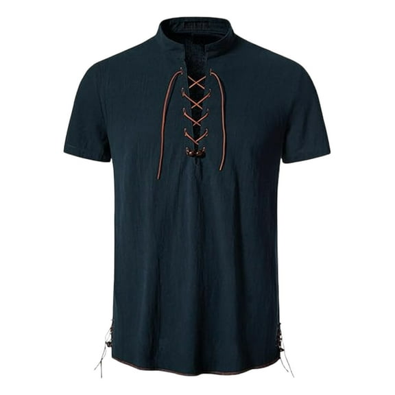 Generic Men's Casual Shirt Pirate Vintage Short Sleeve Lace Up Renaissance Costume Beach Top
