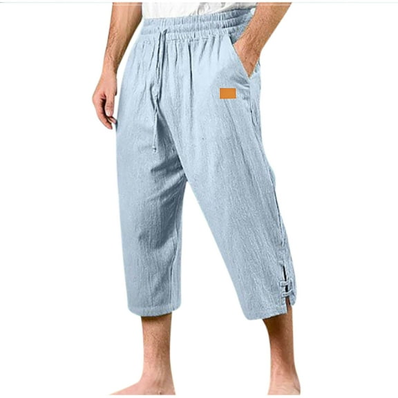 Generic Men's Casual Summer Solid Color Elastic Waist Drawstring Pants with Pockets