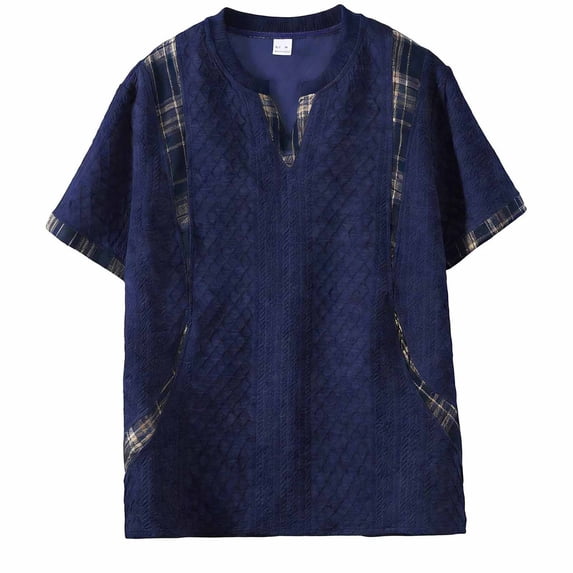 Generic Men's Casual V Neck Shirts Short Sleeve Splicing Tees Loose Fit Henley T-Shirt Texture Comfortable Pullover Tops