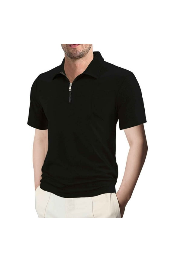 Men's Casual Zipper Polo Shirts Regular Fit Short Sleeve Knitting Shirts Stretchy Golf Shirts with Pokets