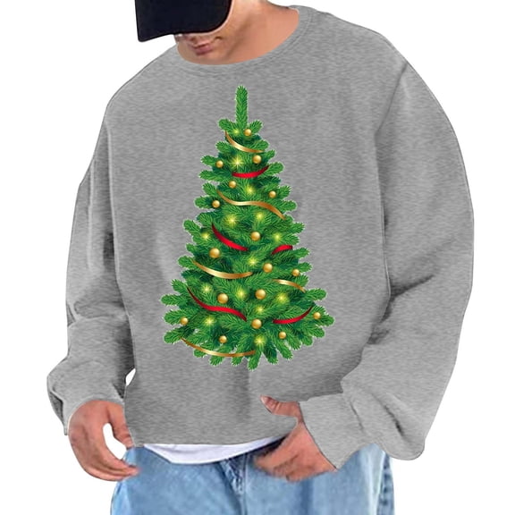Generic Men's Christmas Hoodless Sweatshirt Xmas Tree Graphic Pullover Shirt Long Sleeve Holiday Vacation Tops