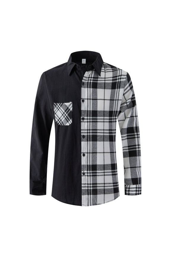 Men's Colorblock Plaid Print Shirts Long Sleeve Slim Fit Button Down Shirt Business Casual Tops with Pockets