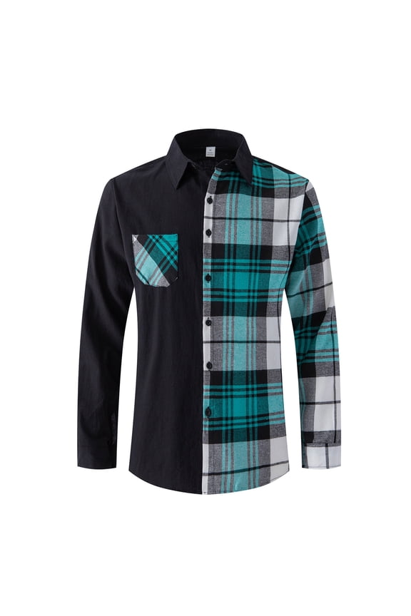 Men's Colorblock Plaid Print Shirts Long Sleeve Slim Fit Button Down Shirt Business Casual Tops with Pockets