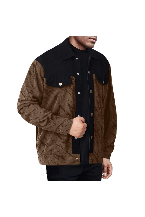 Men's Corduroy Jacket Color Block Crackle Pattern Lapel Button Shirts Casual Winter Outerwear with Pockets