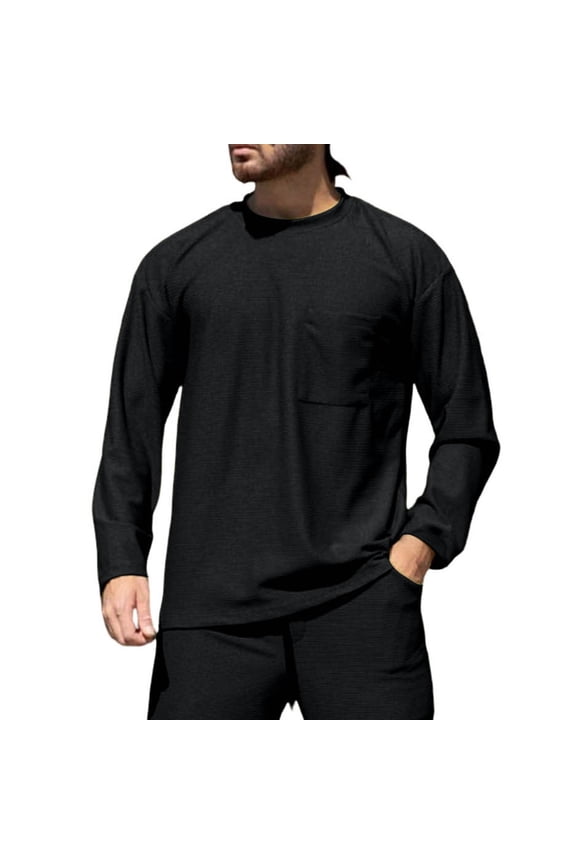 Men's Cotton Blend Long Sleeve Tee Shirts Casual Crew Neck Shirts Moisture Wicking Soft Casual Tshirts with Pocket
