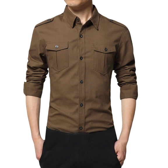 Generic Men's Cotton Cargo Shirts Casual Solid Color Long Sleeve Button Down Dress Outdoor Hiking Tactical Shirt