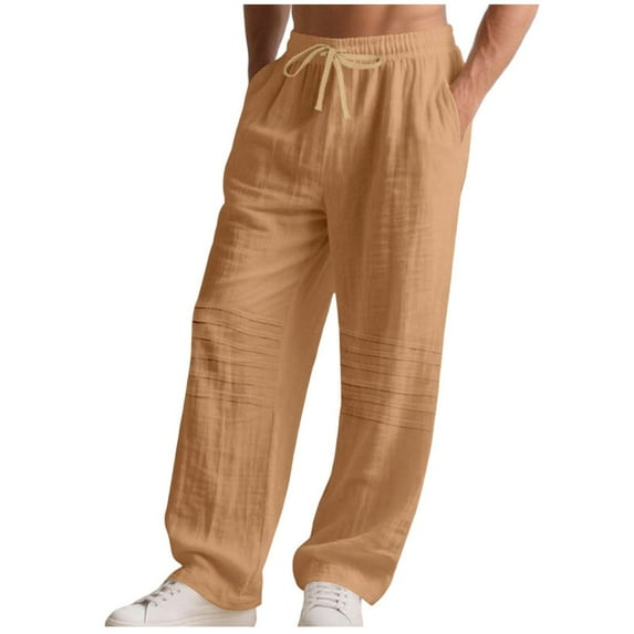 Generic Men's Cotton Linen Pants Casual Loose Drawstring Elastic Waist Summer Beach Wide Leg Lightweight Trousers
