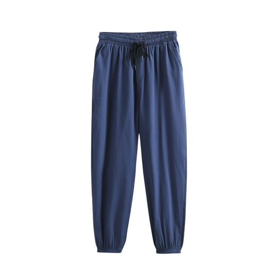 Generic Men's Cotton Linen Pants Elastic Waist Drawstring Lightweight Summer Casual Beach Straight Workout Pants with Pockets