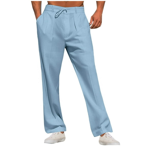Generic Men's Cotton Linen Pants Summer Casual Lightweight Relaxed Fit Drawstring Trousers Breathable Beach Pants