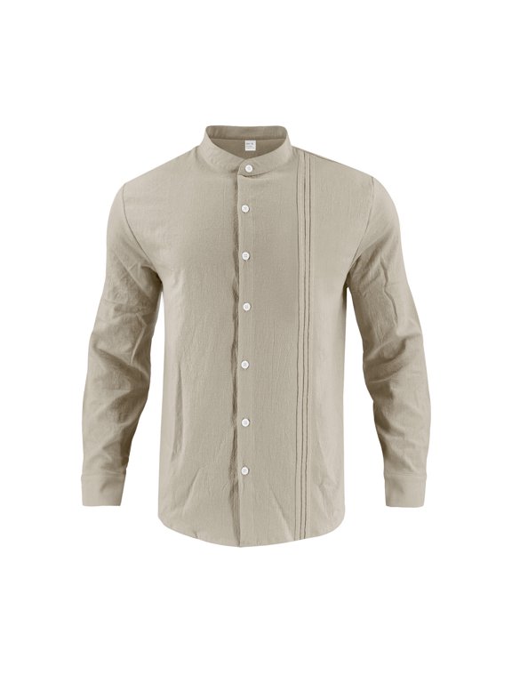 Men's Cotton Linen Shirts Button Down Ribbed Collarless Long Sleeve T-Shirt Spring Fall Lightweight Beach Tops